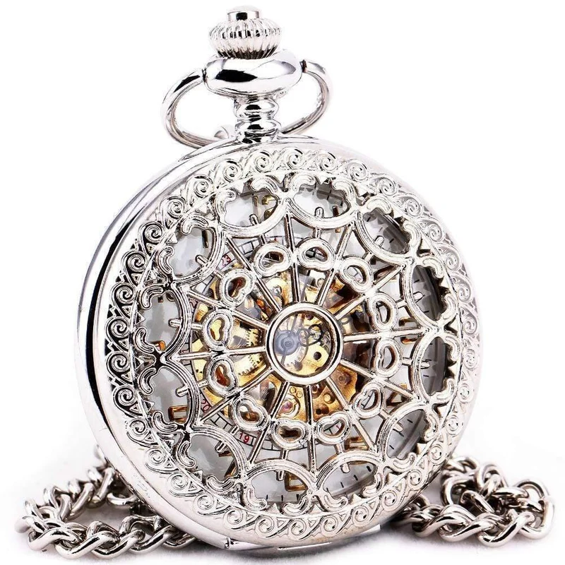 Edelstahl Unisex Barock Frauen Automatische Mechanische Taschenuhr Hohldeckel Kette Luxus Taschenuhren