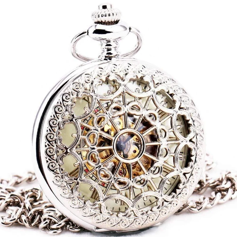Edelstahl Unisex Barock Frauen Automatische Mechanische Taschenuhr Hohldeckel Kette Luxus Taschenuhren