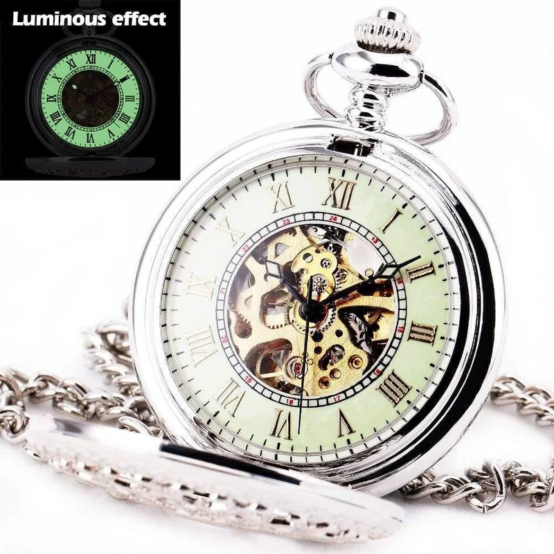 Edelstahl Unisex Barock Frauen Automatische Mechanische Taschenuhr Hohldeckel Kette Luxus Taschenuhren