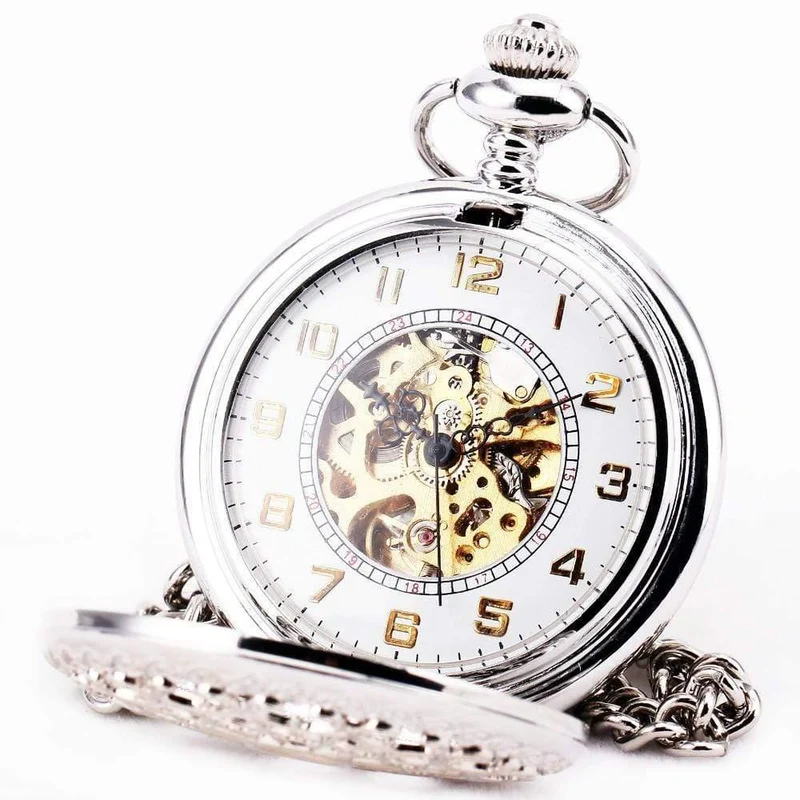 Edelstahl Unisex Barock Frauen Automatische Mechanische Taschenuhr Hohldeckel Kette Luxus Taschenuhren