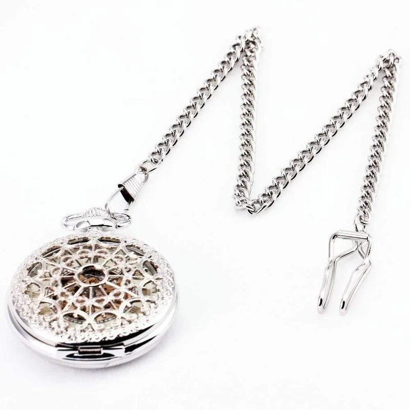 Edelstahl Unisex Barock Frauen Automatische Mechanische Taschenuhr Hohldeckel Kette Luxus Taschenuhren