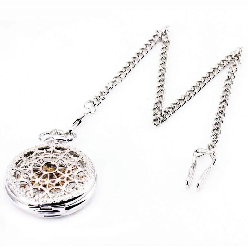 Edelstahl Unisex Barock Frauen Automatische Mechanische Taschenuhr Hohldeckel Kette Luxus Taschenuhren