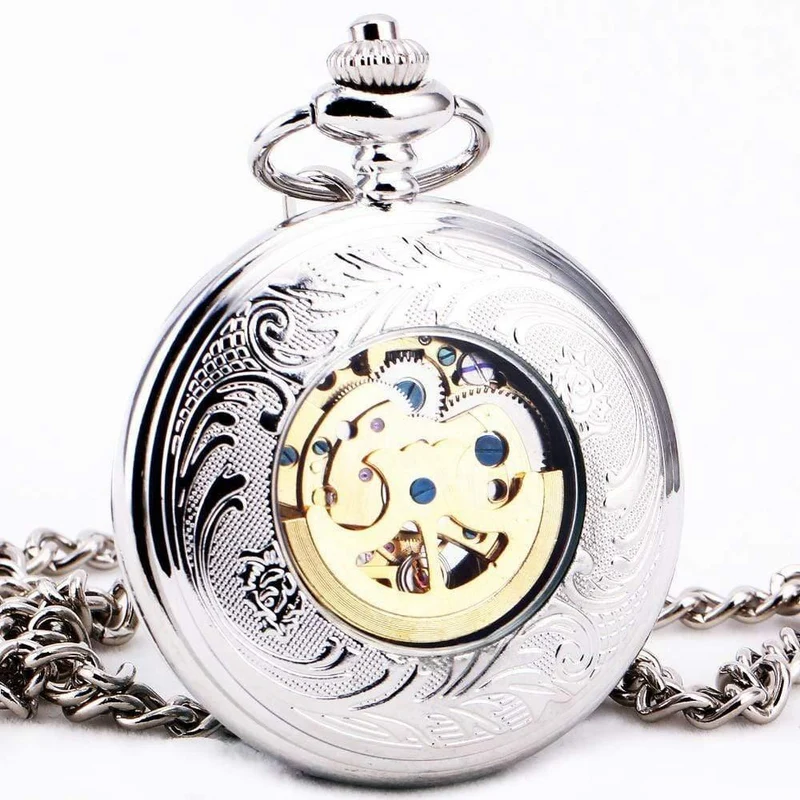 Edelstahl Unisex Barock Frauen Automatische Mechanische Taschenuhr Hohldeckel Kette Luxus Taschenuhren