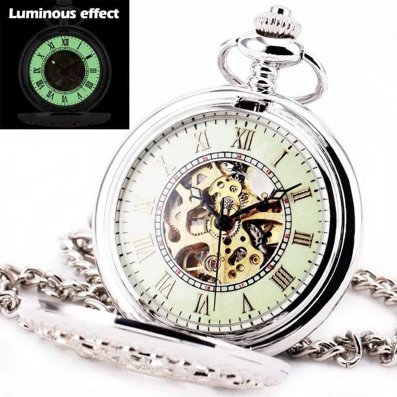 Edelstahl Unisex Barock Frauen Automatische Mechanische Taschenuhr Hohldeckel Kette Luxus Taschenuhren
