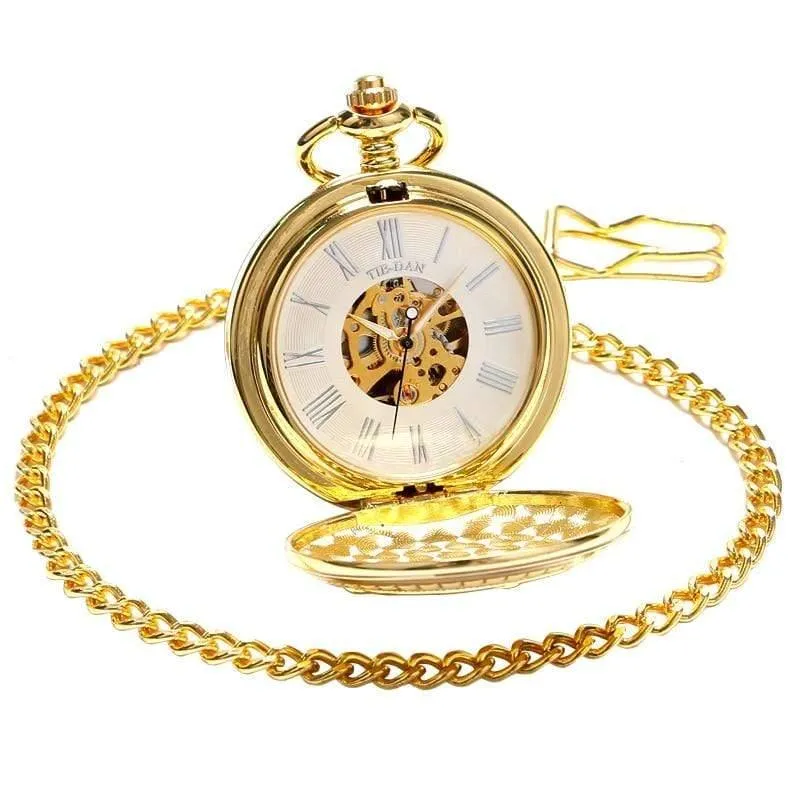Taschenuhr Mechanische Handaufzug Gold Anhänger FOB Doppel Hunter Halskette Kette Eisenbahn Männer Frauen Uhr relogio de bolso