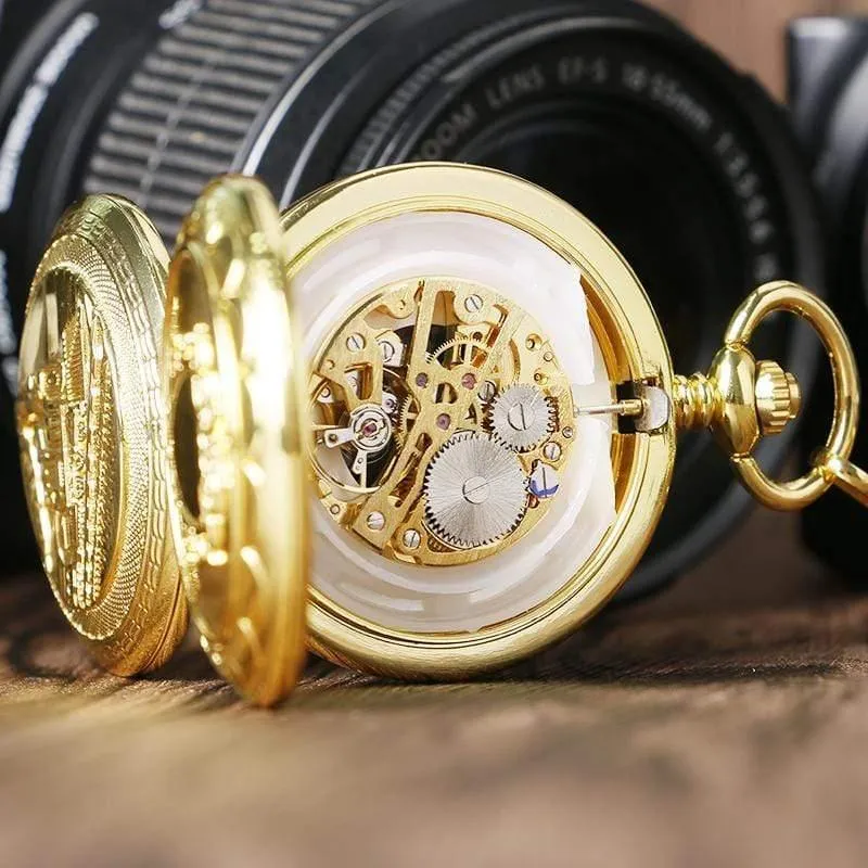 Taschenuhr Mechanische Handaufzug Gold Anhänger FOB Doppel Hunter Halskette Kette Eisenbahn Männer Frauen Uhr relogio de bolso