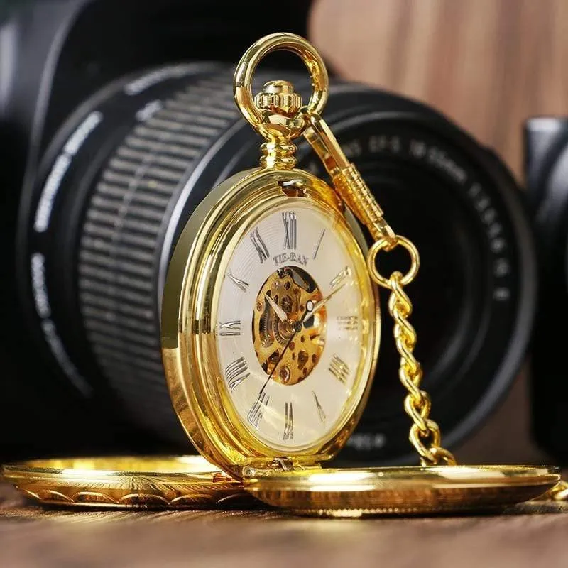 Taschenuhr Mechanische Handaufzug Gold Anhänger FOB Doppel Hunter Halskette Kette Eisenbahn Männer Frauen Uhr relogio de bolso