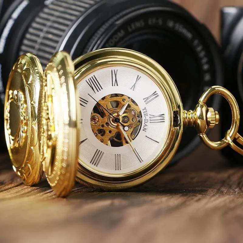 Taschenuhr Mechanische Handaufzug Gold Anhänger FOB Doppel Hunter Halskette Kette Eisenbahn Männer Frauen Uhr relogio de bolso