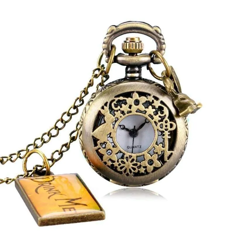 Alice im wunderland trinken mich tag frauen kaninchen blume taschenuhr halskette anhänger neuheit weihnachtsgeschenke box sets