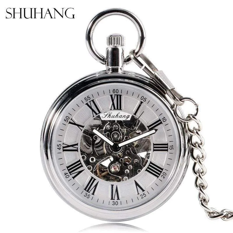 Herren Automatik Automatik Taschenuhr Silber Simple Open Face Kettenanhänger mit römischer Zahl