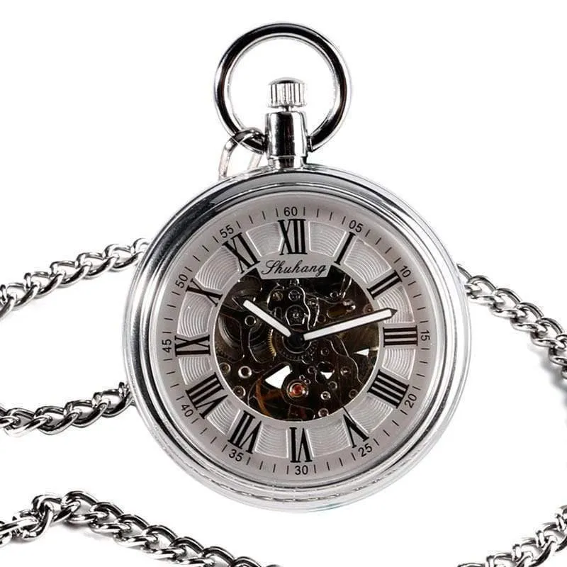 Herren Automatik Automatik Taschenuhr Silber Simple Open Face Kettenanhänger mit römischer Zahl