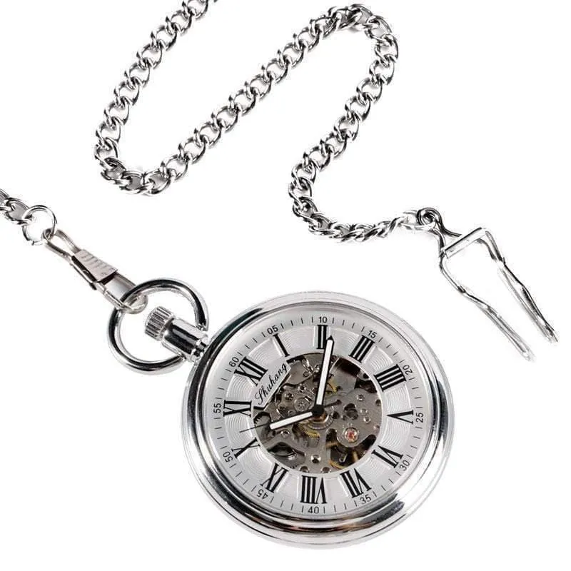 Herren Automatik Automatik Taschenuhr Silber Simple Open Face Kettenanhänger mit römischer Zahl