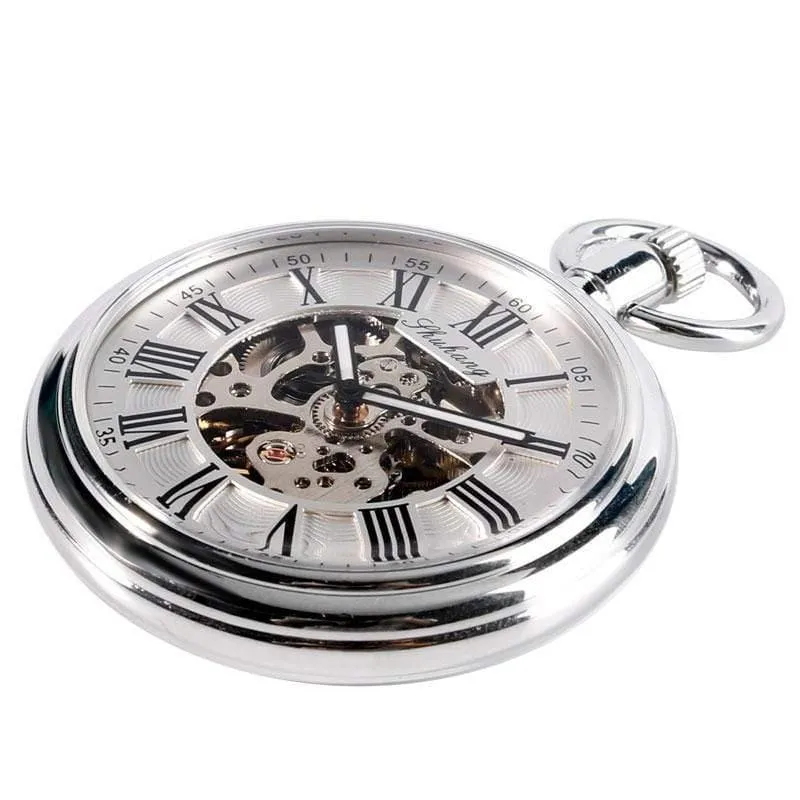 Herren Automatik Automatik Taschenuhr Silber Simple Open Face Kettenanhänger mit römischer Zahl