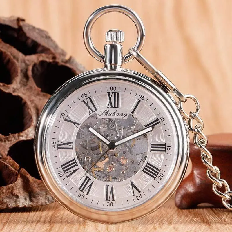Herren Automatik Automatik Taschenuhr Silber Simple Open Face Kettenanhänger mit römischer Zahl