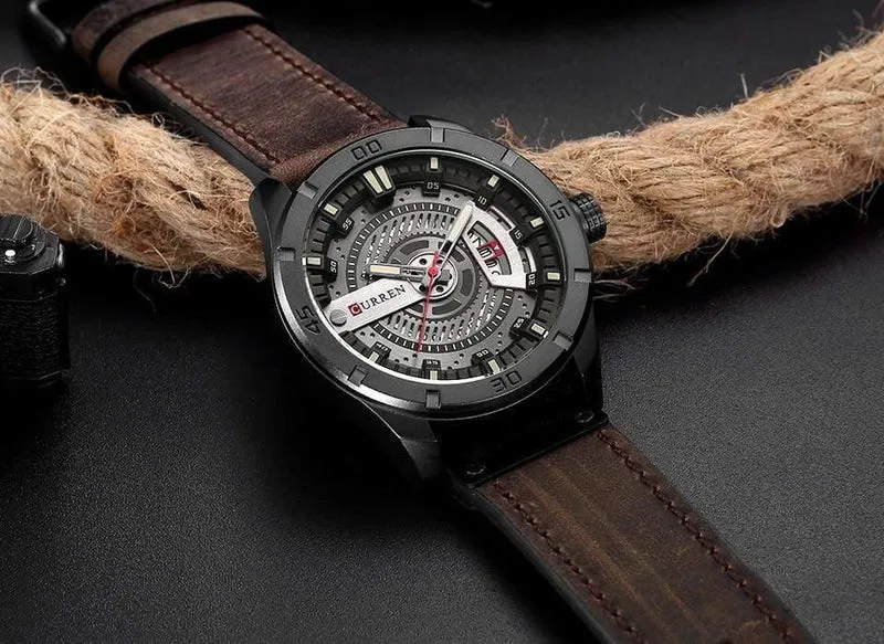 Herren Sportuhr Militär Quarzuhr mit Datumsanzeige Casual Lederarmbanduhr Relogio Masculino
