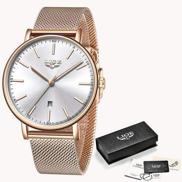Damenuhr Top-Marke Luxus Damenmode Casual Alle Stahl Ultradünne Mesh Gürtel Quarzuhr Relogio Feminino + Box