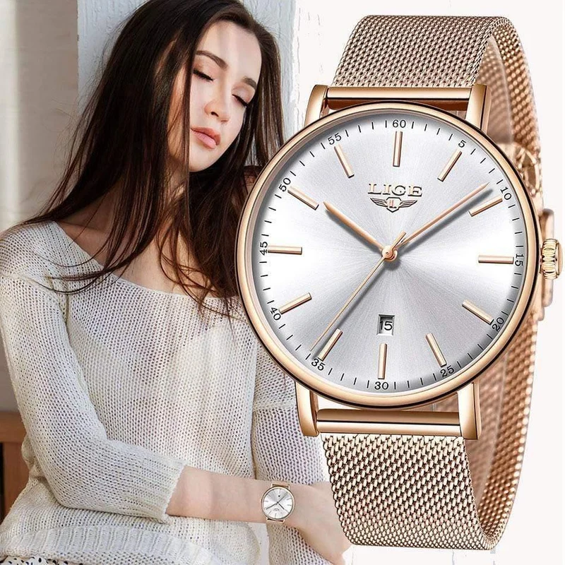 Damenuhr Top-Marke Luxus Damenmode Casual Alle Stahl Ultradünne Mesh Gürtel Quarzuhr Relogio Feminino + Box