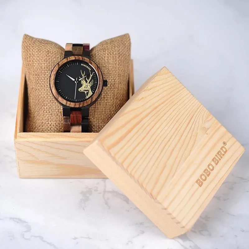 Lässige Quarzuhren für Liebhaber, Elch-Design, natürliche Holzuhr für Männer und Frauen mit buntem Holzarmband in Geschenkbox