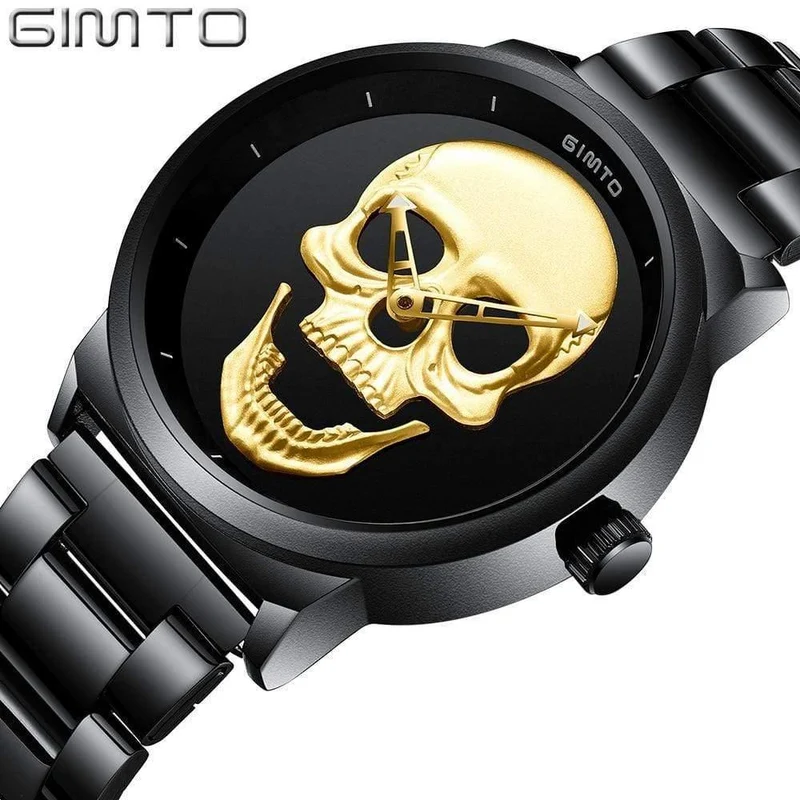Mode Lässig Gold Liebhaber Schädel Uhr Edelstahl Einzigartige 3D Skelett Muster Frauen Männer Uhren Paar Armbanduhr