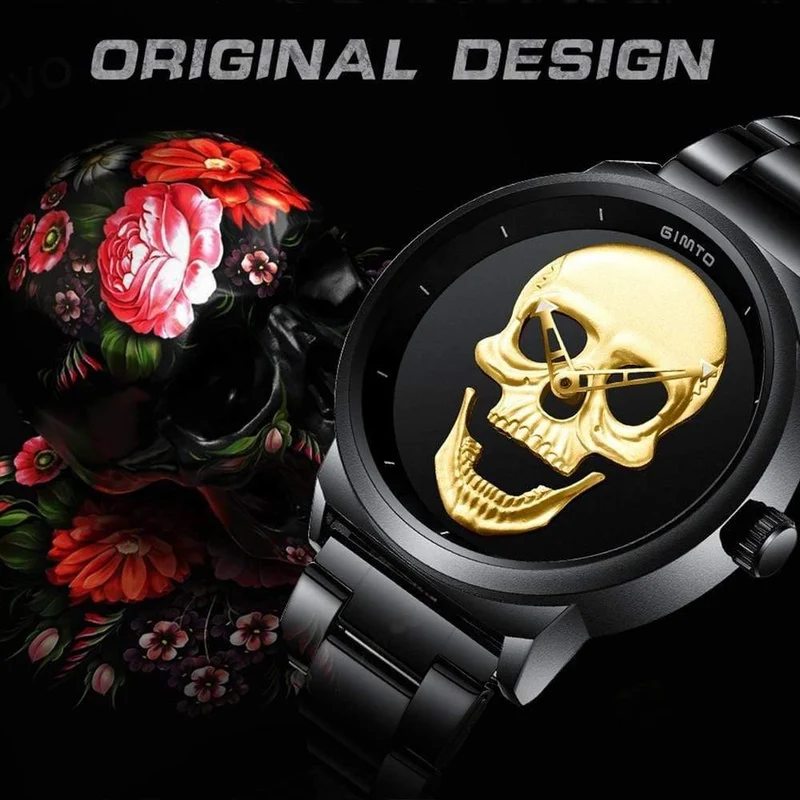 Mode Lässig Gold Liebhaber Schädel Uhr Edelstahl Einzigartige 3D Skelett Muster Frauen Männer Uhren Paar Armbanduhr