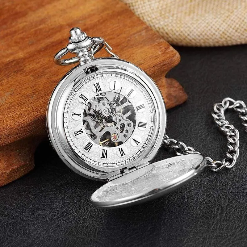 Gravierte Silbergehäuse mechanische Taschenuhr Double Flip Cover Skelett Steampunk Pendent Halskette Clock Fob Uhren