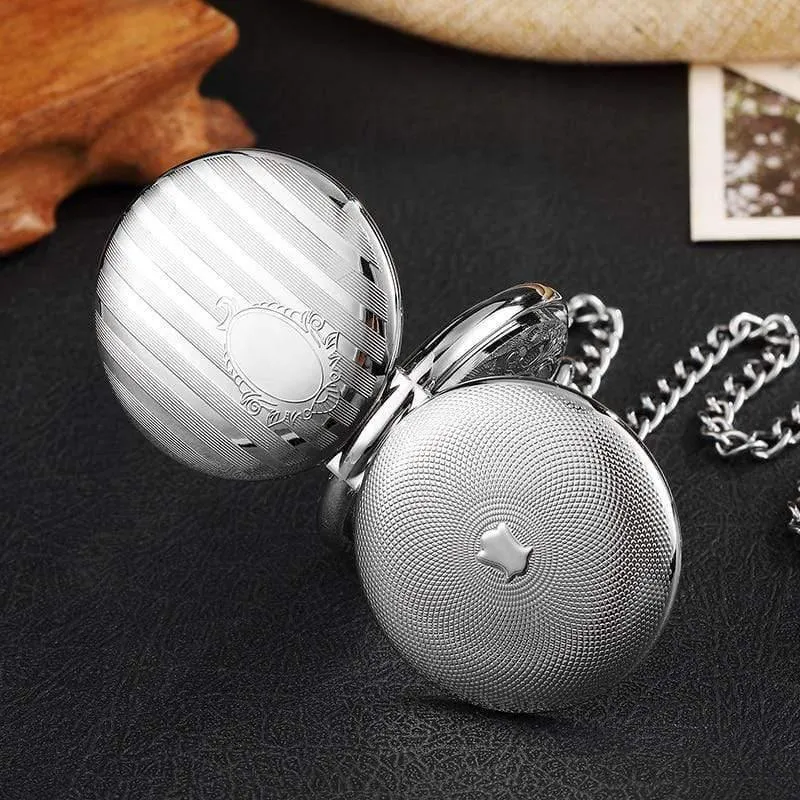 Gravierte Silbergehäuse mechanische Taschenuhr Double Flip Cover Skelett Steampunk Pendent Halskette Clock Fob Uhren