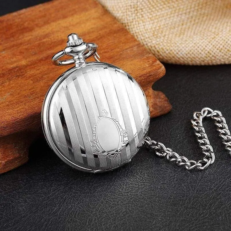 Gravierte Silbergehäuse mechanische Taschenuhr Double Flip Cover Skelett Steampunk Pendent Halskette Clock Fob Uhren