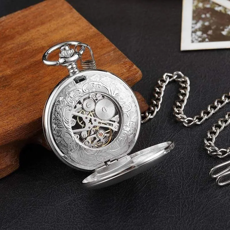 Gravierte Silbergehäuse mechanische Taschenuhr Double Flip Cover Skelett Steampunk Pendent Halskette Clock Fob Uhren