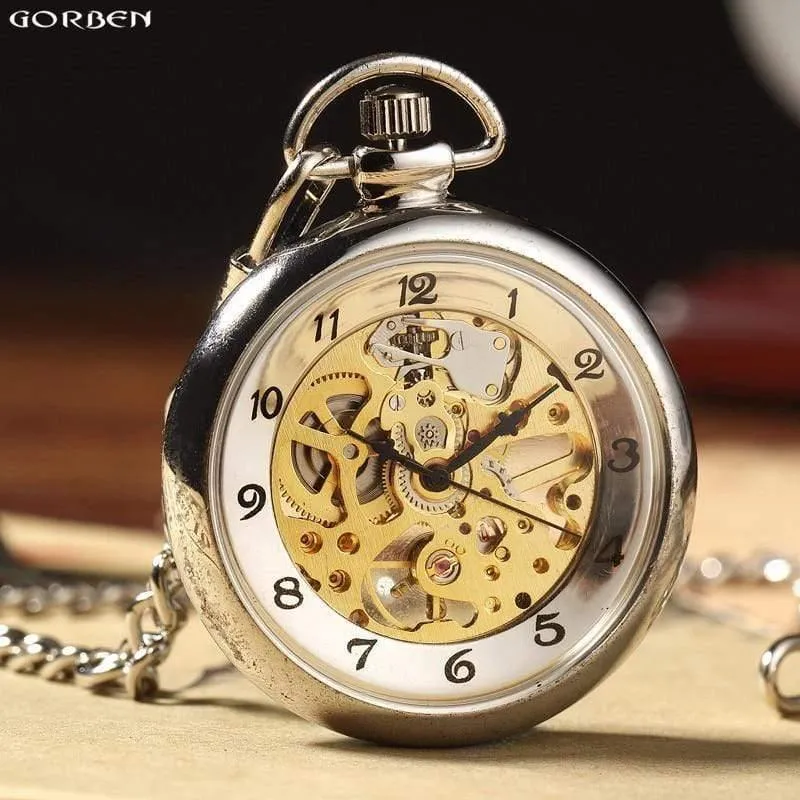Retro Silber Skelett transparent mechanische Taschenuhr für Männer Frauen FOB Kette Handaufzug voller Stahl Taschenuhr