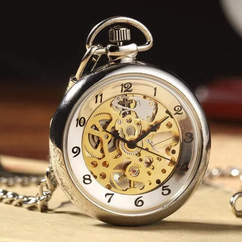 Retro Silber Skelett transparent mechanische Taschenuhr für Männer Frauen FOB Kette Handaufzug voller Stahl Taschenuhr