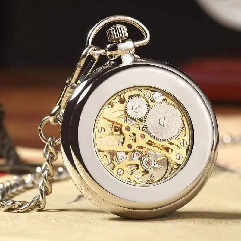 Retro Silber Skelett transparent mechanische Taschenuhr für Männer Frauen FOB Kette Handaufzug voller Stahl Taschenuhr