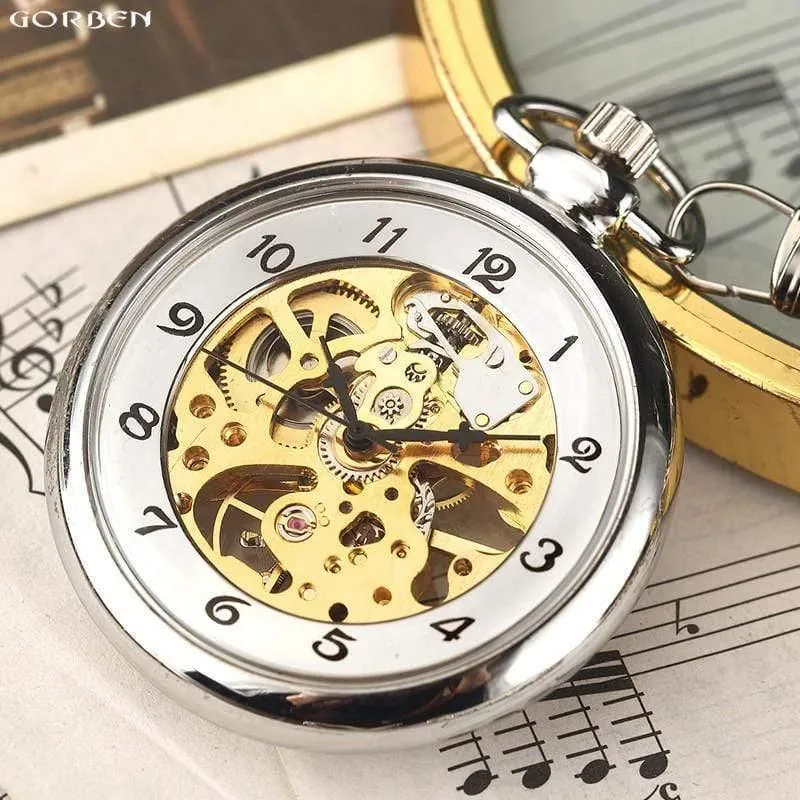 Retro Silber Skelett transparent mechanische Taschenuhr für Männer Frauen FOB Kette Handaufzug voller Stahl Taschenuhr