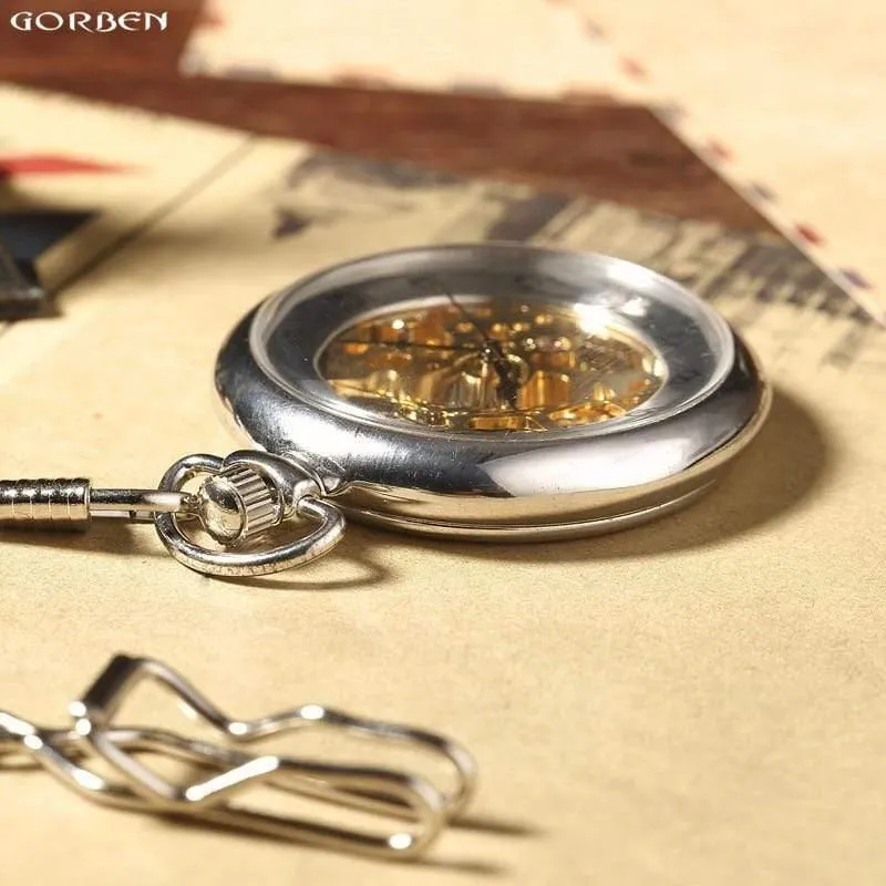 Retro Silber Skelett transparent mechanische Taschenuhr für Männer Frauen FOB Kette Handaufzug voller Stahl Taschenuhr