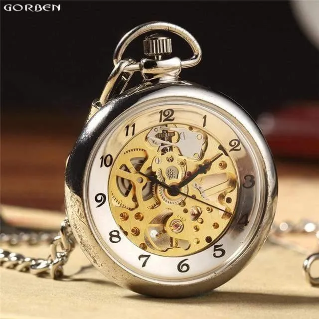Retro Silber Skelett transparent mechanische Taschenuhr für Männer Frauen FOB Kette Handaufzug voller Stahl Taschenuhr