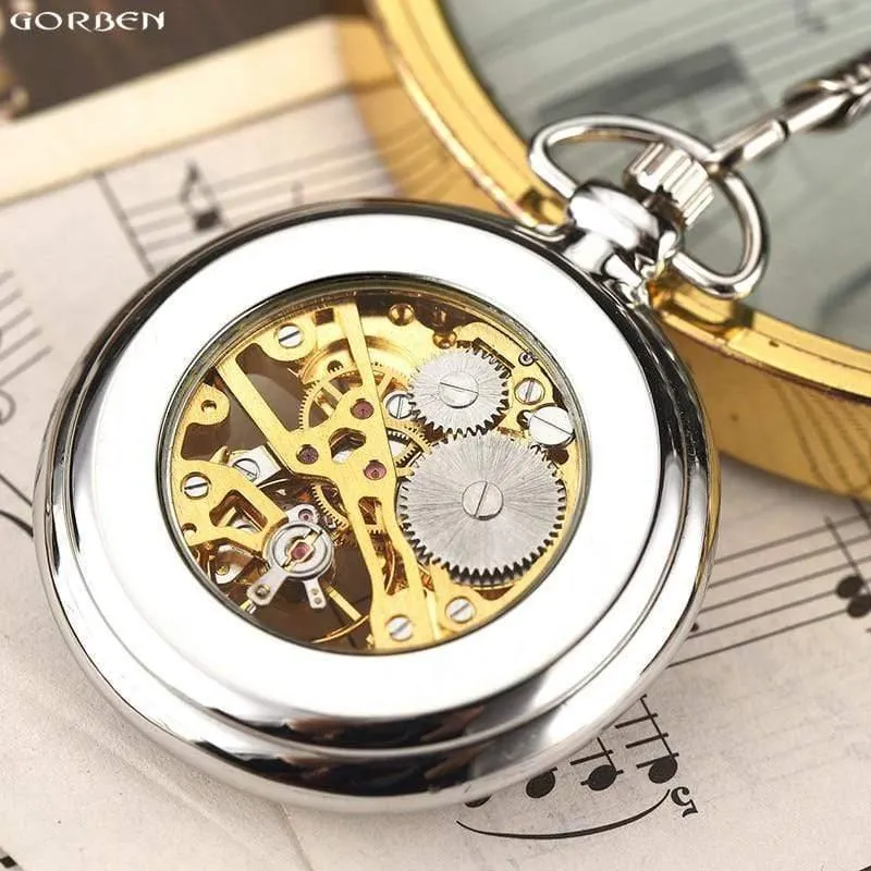 Retro Silber Skelett transparent mechanische Taschenuhr für Männer Frauen FOB Kette Handaufzug voller Stahl Taschenuhr