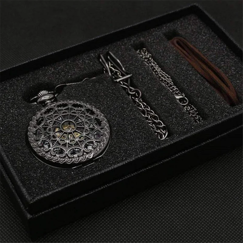 Mechanische Taschenuhr Set Luxus Pendelleuchte für Herren Herren mit Pocket & Halskette Chain Pouch Bag