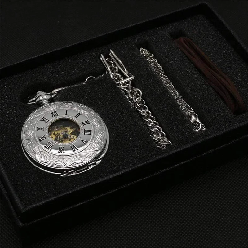 Mechanische Taschenuhr Set Luxus Pendelleuchte für Herren Herren mit Pocket & Halskette Chain Pouch Bag