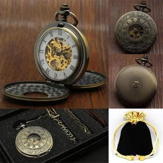 Mechanische Taschenuhr Set Luxus Pendelleuchte für Herren Herren mit Pocket & Halskette Chain Pouch Bag