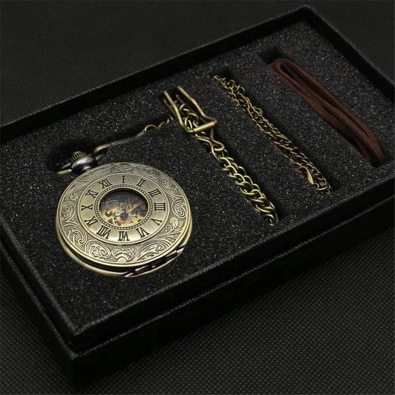 Mechanische Taschenuhr Set Luxus Pendelleuchte für Herren Herren mit Pocket & Halskette Chain Pouch Bag