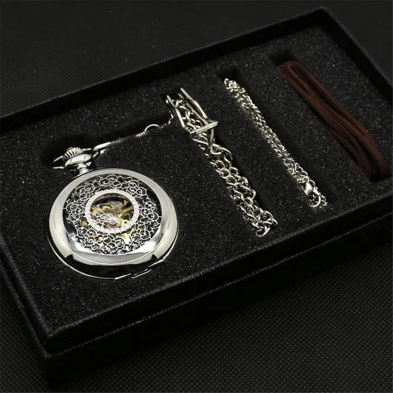 Mechanische Taschenuhr Set Luxus Pendelleuchte für Herren Herren mit Pocket & Halskette Chain Pouch Bag
