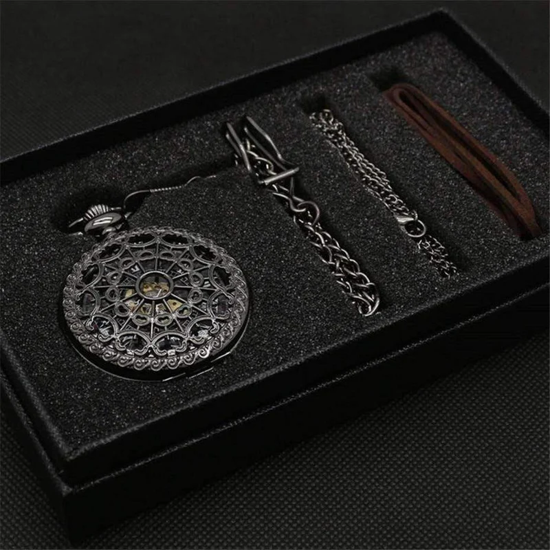 Mechanische Taschenuhr Set Luxus Pendelleuchte für Herren Herren mit Pocket & Halskette Chain Pouch Bag