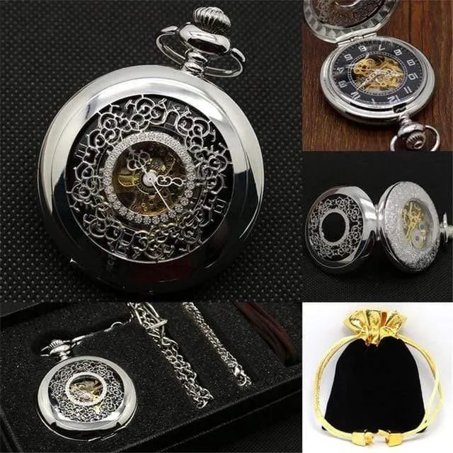 Mechanische Taschenuhr Set Luxus Pendelleuchte für Herren Herren mit Pocket & Halskette Chain Pouch Bag