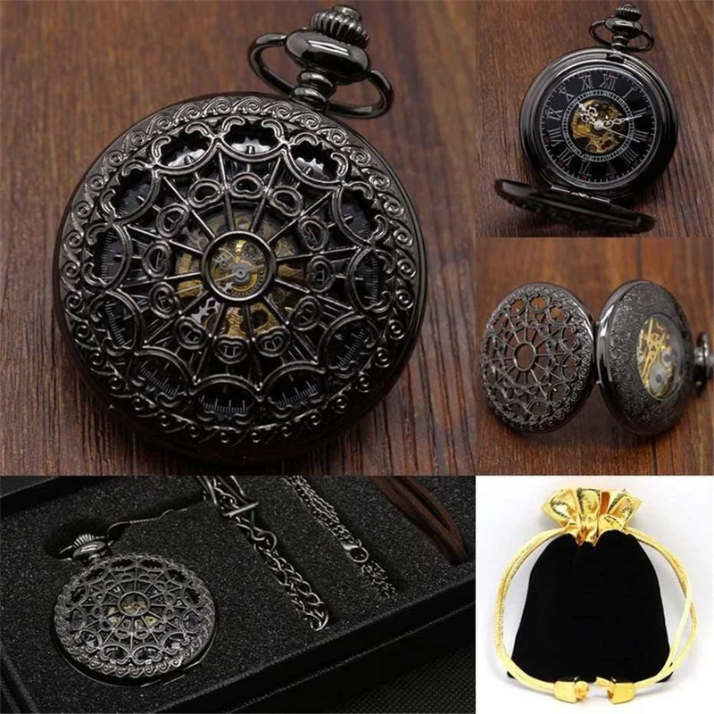 Mechanische Taschenuhr Set Luxus Pendelleuchte für Herren Herren mit Pocket & Halskette Chain Pouch Bag