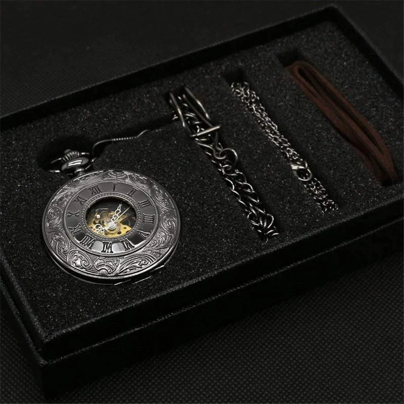 Mechanische Taschenuhr Set Luxus Pendelleuchte für Herren Herren mit Pocket & Halskette Chain Pouch Bag