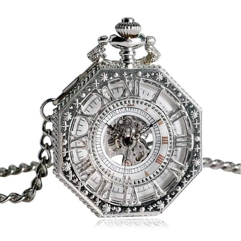 Mechanische Taschenuhr Kette Mode Silber Achteck Form Skelett Schnitzerei Herren Taschenuhren Weihnachtsgeschenk