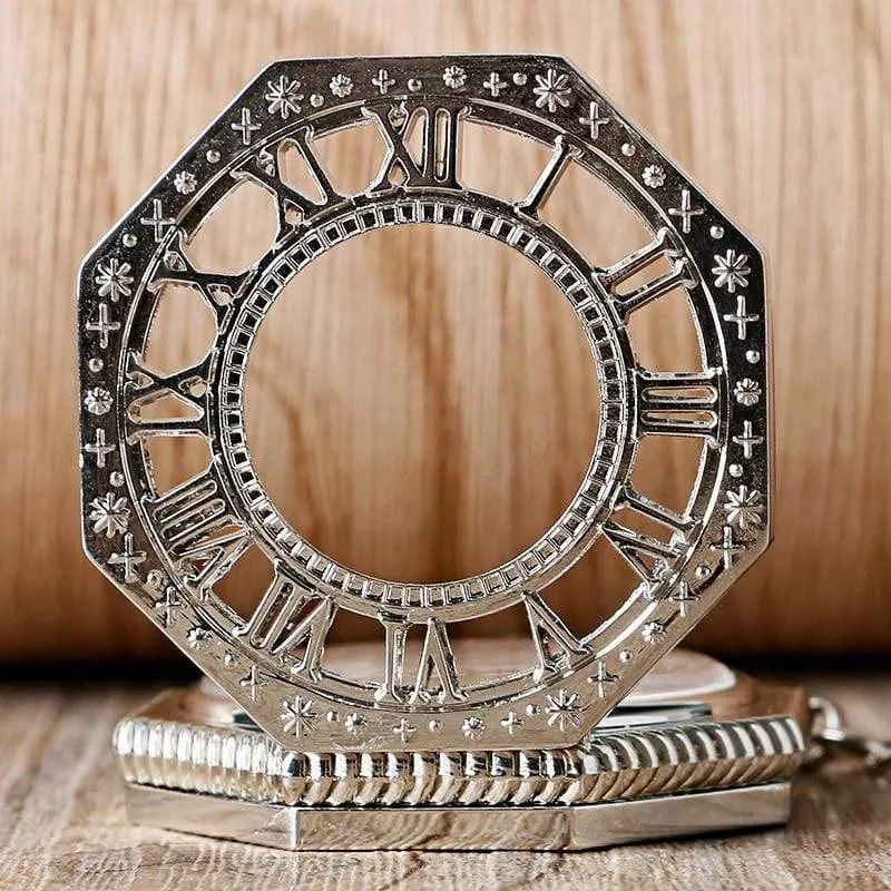 Mechanische Taschenuhr Kette Mode Silber Achteck Form Skelett Schnitzerei Herren Taschenuhren Weihnachtsgeschenk