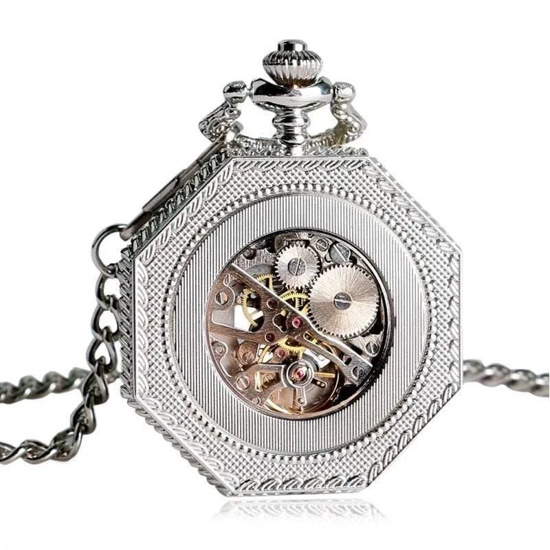 Mechanische Taschenuhr Kette Mode Silber Achteck Form Skelett Schnitzerei Herren Taschenuhren Weihnachtsgeschenk