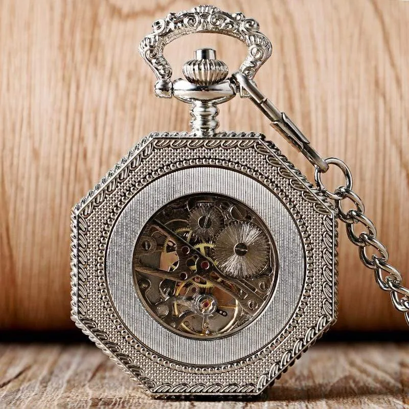 Mechanische Taschenuhr Kette Mode Silber Achteck Form Skelett Schnitzerei Herren Taschenuhren Weihnachtsgeschenk