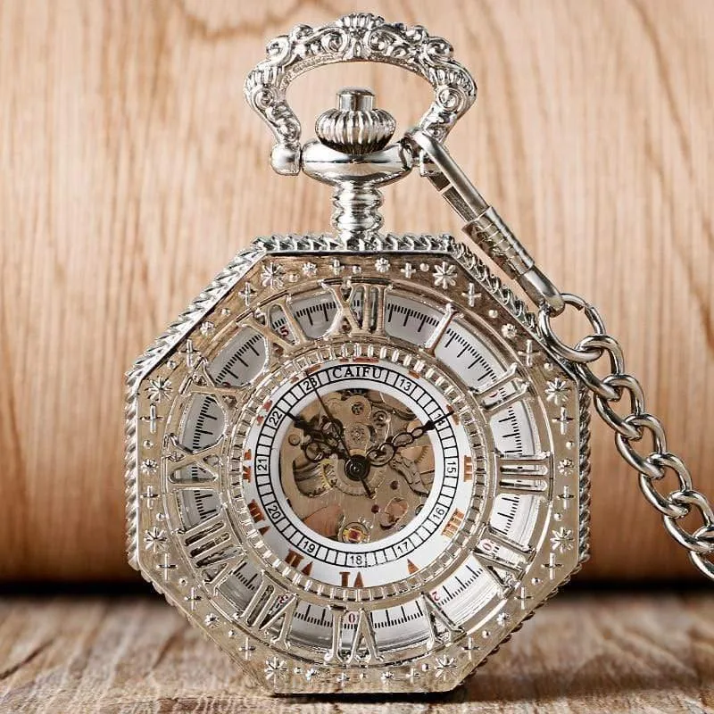 Mechanische Taschenuhr Kette Mode Silber Achteck Form Skelett Schnitzerei Herren Taschenuhren Weihnachtsgeschenk