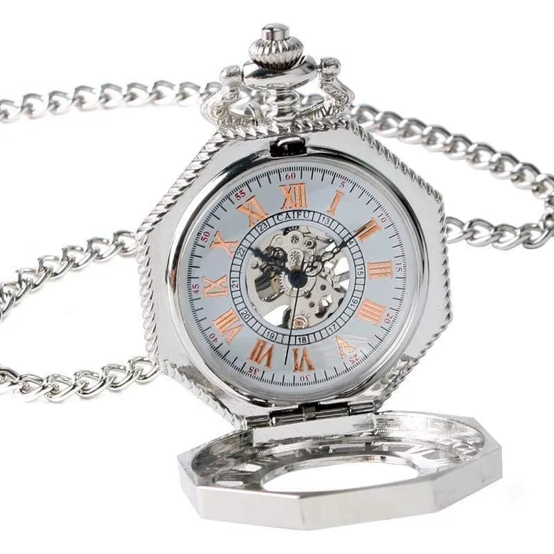 Mechanische Taschenuhr Kette Mode Silber Achteck Form Skelett Schnitzerei Herren Taschenuhren Weihnachtsgeschenk